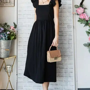 BLACK LINEN RUFFLE MID DRESS