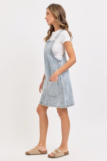 DENIM OVERALL MINI DRESS WITH PATCH POCKETS