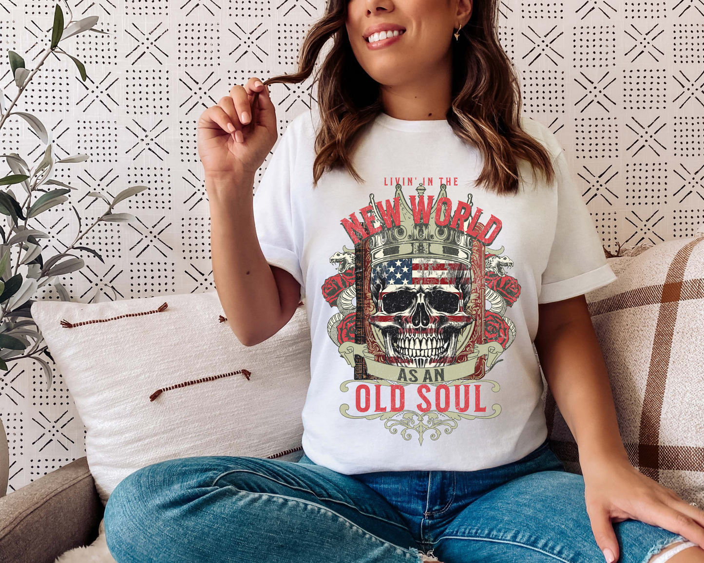 LIVING IN A NEW WORLD WITH AN OLD SOUL SKULL VINTAGE GRAPHIC TEE