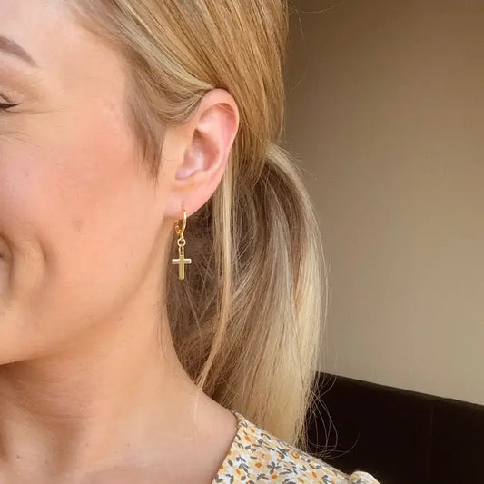 GOLD CROSS HUGGIE HOOPS