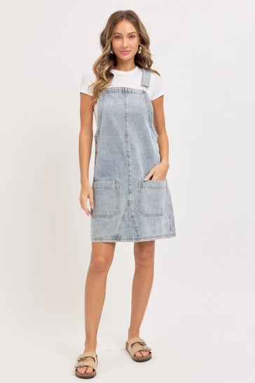 DENIM OVERALL MINI DRESS WITH PATCH POCKETS
