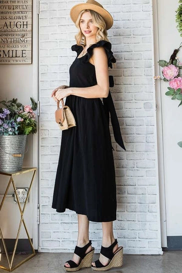 BLACK LINEN RUFFLE MID DRESS