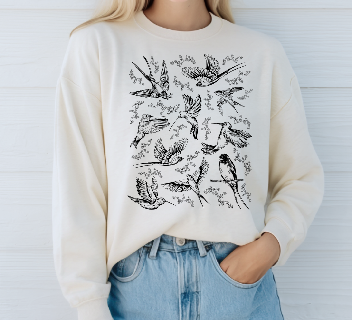 VINTAGE INSPIRED BIRD + FLOWERS CREWNECK SWEATSHIRT