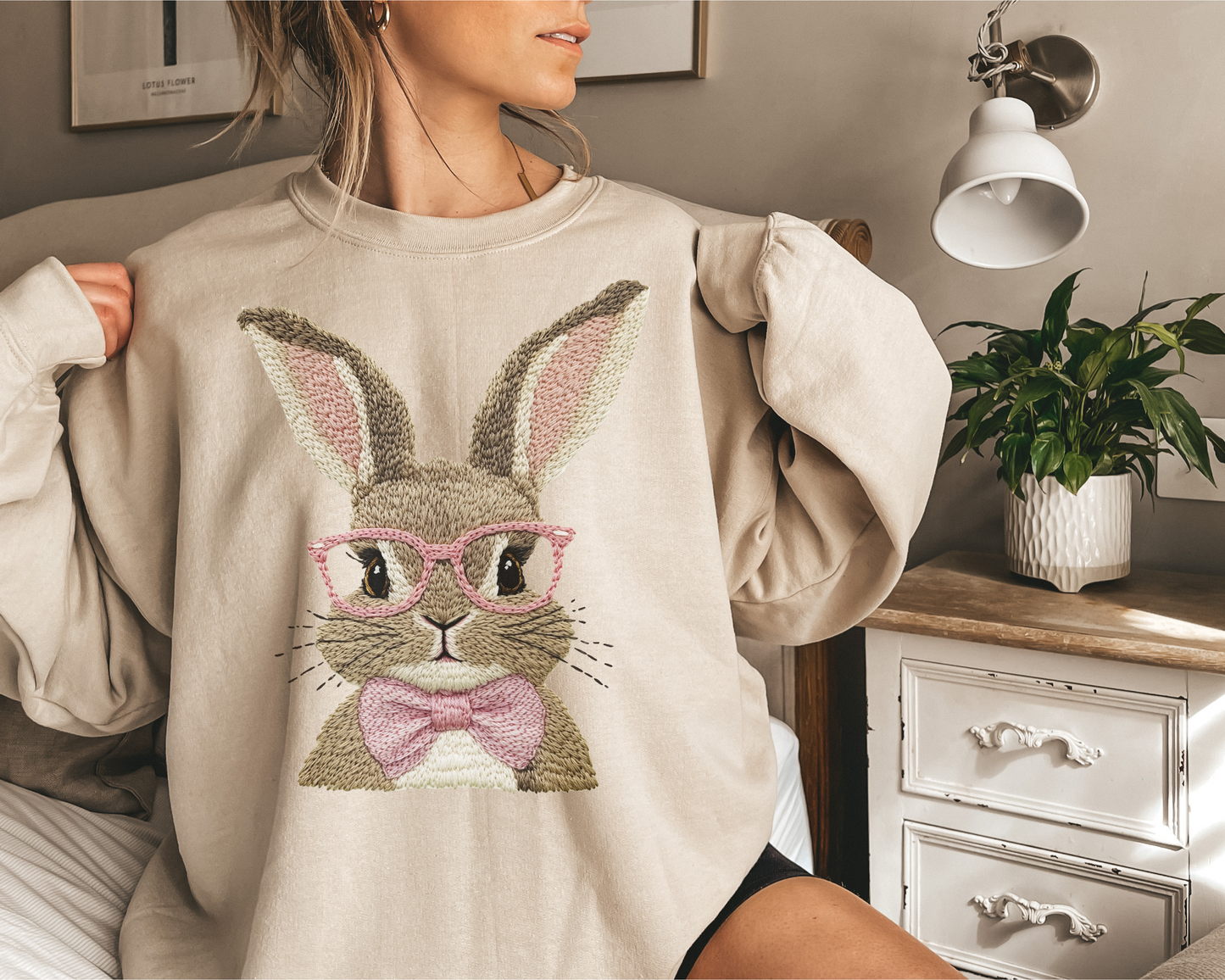 EASTER BUNNY FAUX EMBROIDERY CREW NECK SWEATSHIRT