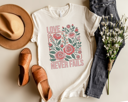 LOVE NEVER FAILS FLORAL CHRISTIAN GRAPHIC TEE