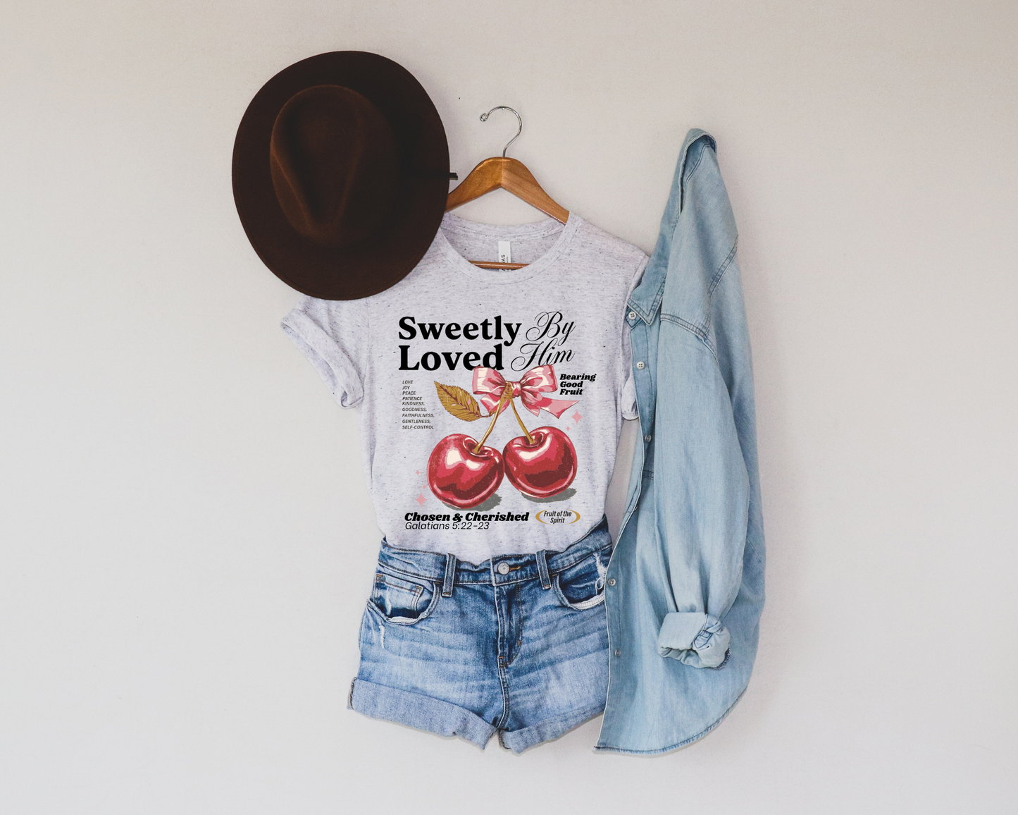 SWEETLY LOVED BY HIM VINTAGE CHERRY FRUITS OF THE SPIRIT GRAPHIC TEE