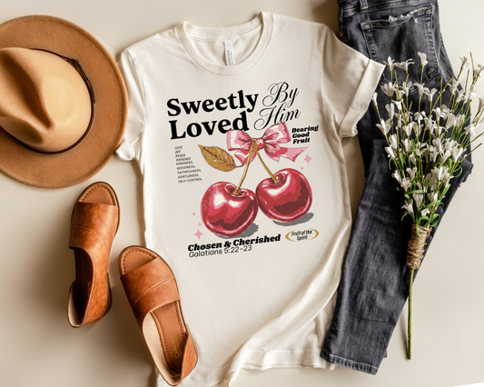 SWEETLY LOVED BY HIM VINTAGE CHERRY FRUITS OF THE SPIRIT GRAPHIC TEE