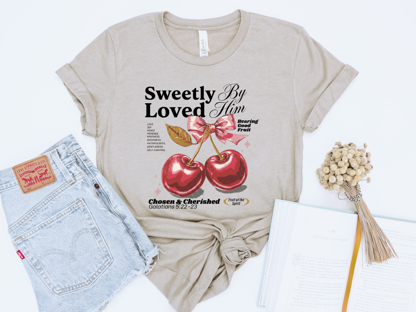 SWEETLY LOVED BY HIM VINTAGE CHERRY FRUITS OF THE SPIRIT GRAPHIC TEE
