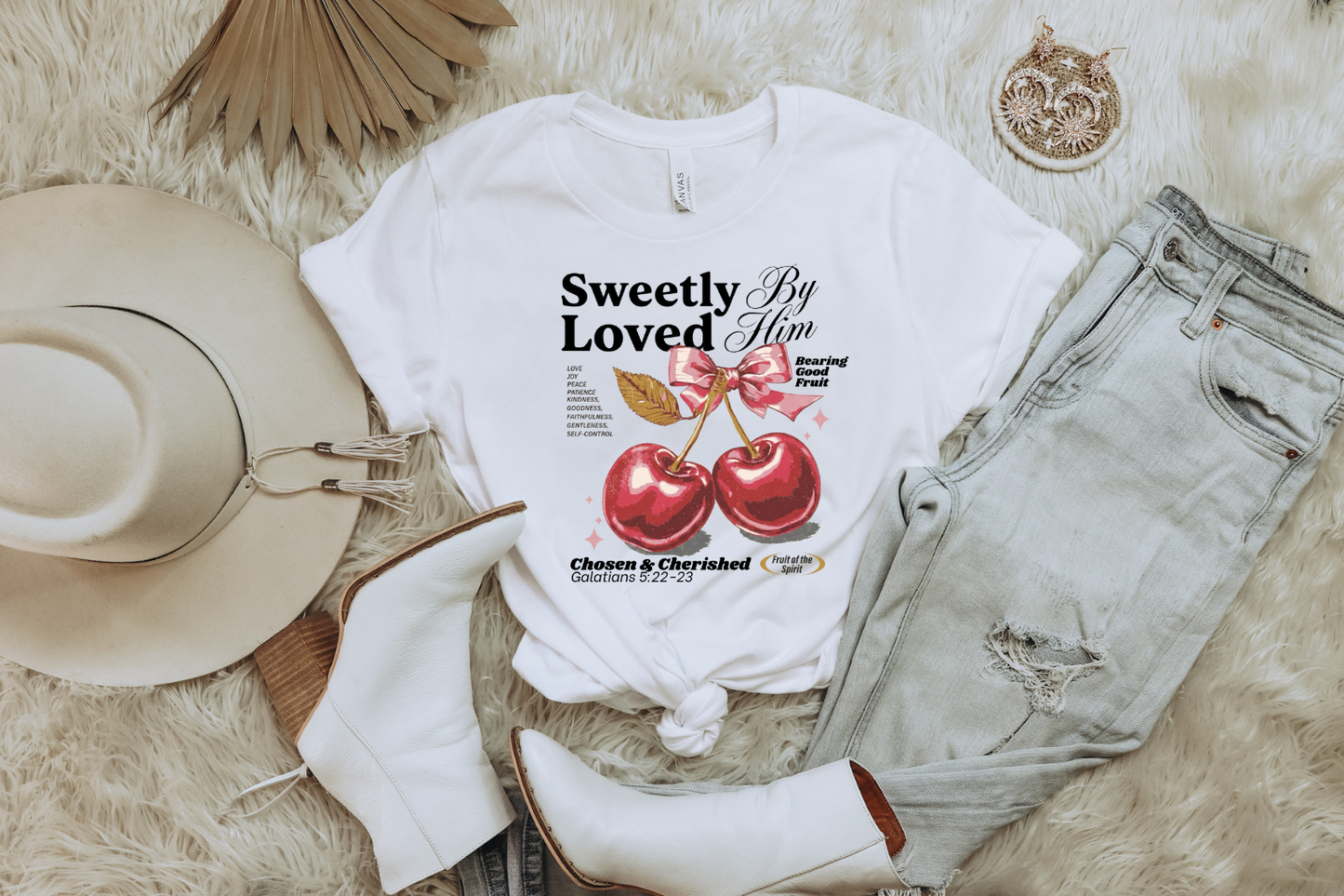 SWEETLY LOVED BY HIM VINTAGE CHERRY FRUITS OF THE SPIRIT GRAPHIC TEE