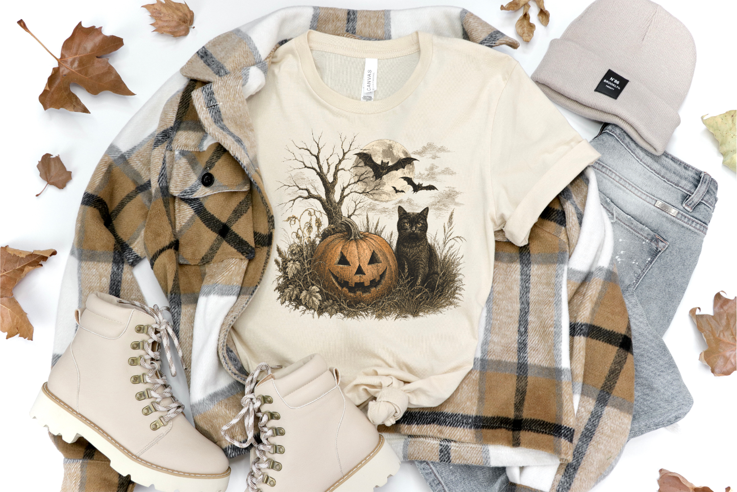 VINTAGE RETRO FALL HALLOWEEN PUMPKIN CAT GRAPHIC TEE