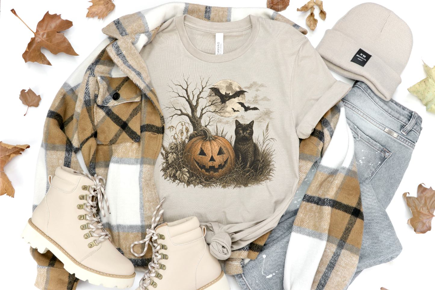 VINTAGE RETRO FALL HALLOWEEN PUMPKIN CAT GRAPHIC TEE
