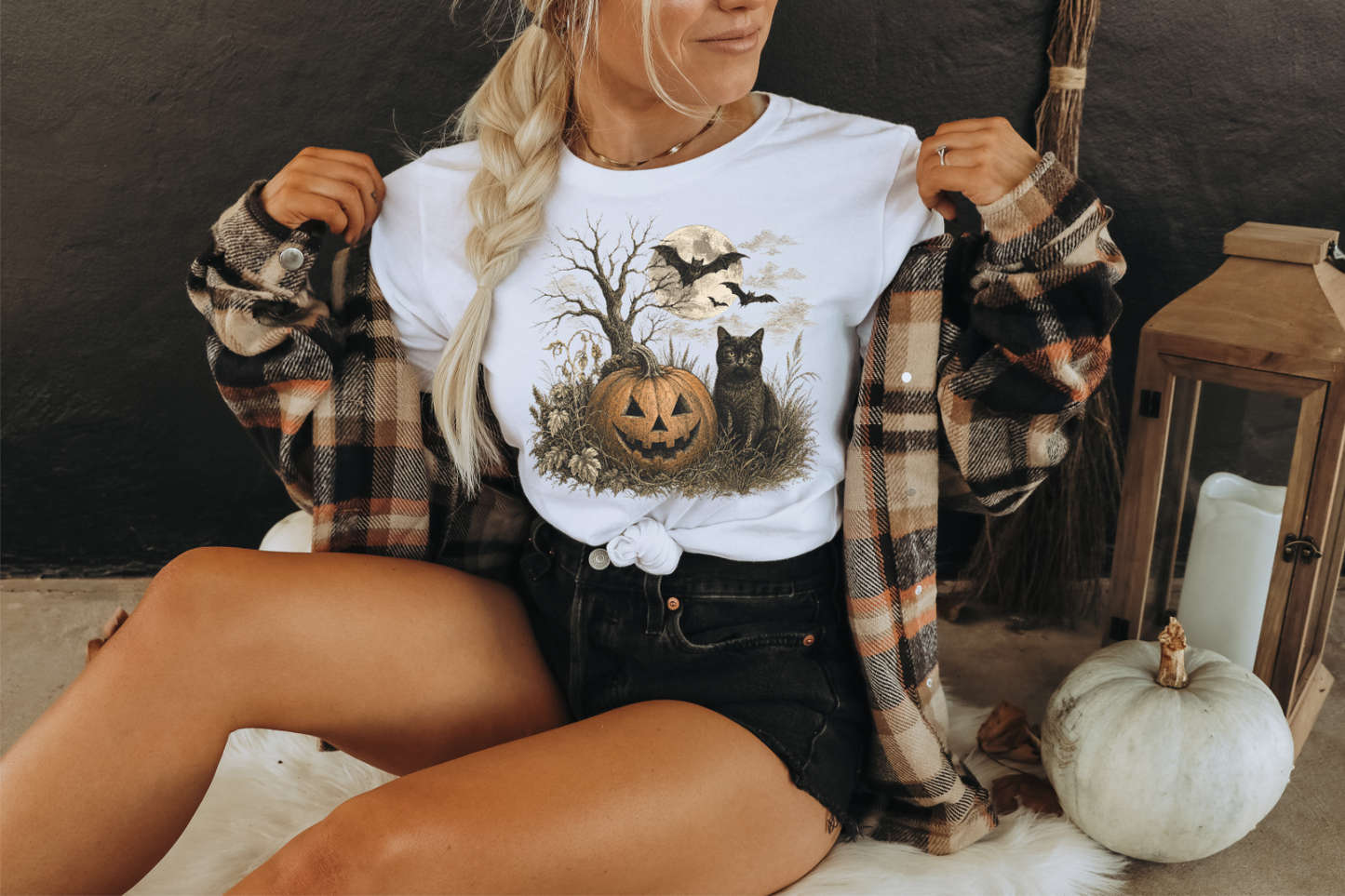 VINTAGE RETRO FALL HALLOWEEN PUMPKIN CAT GRAPHIC TEE