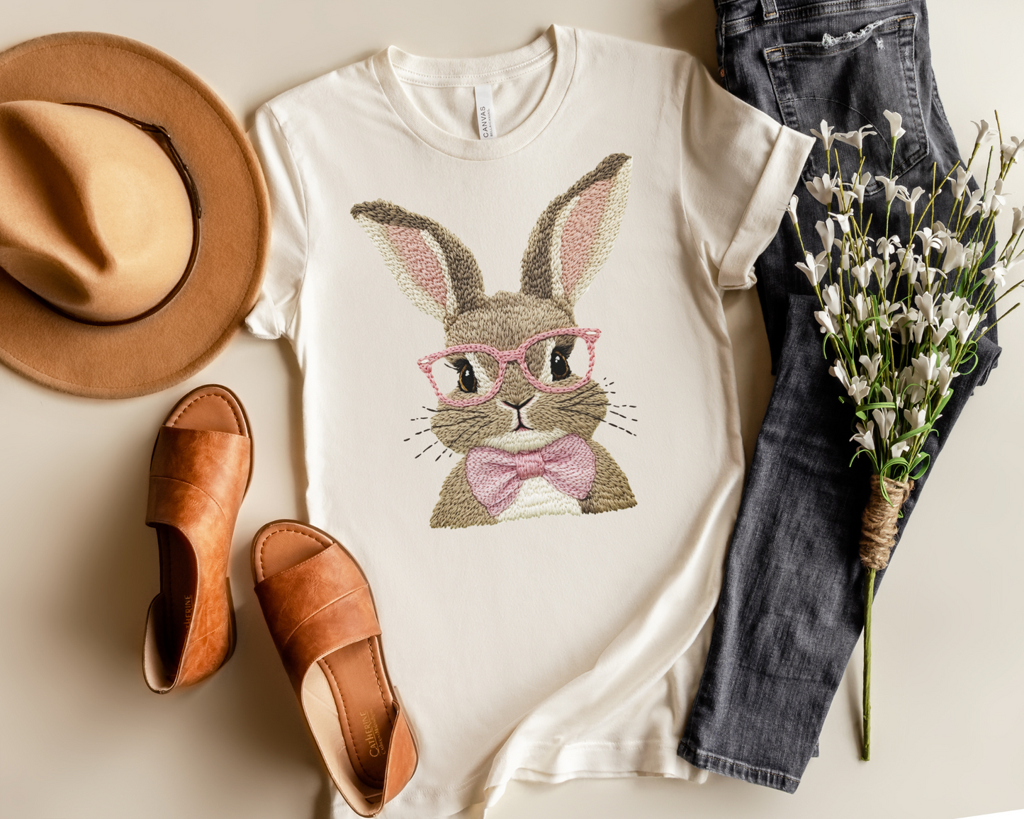 FAUX EMBROIDERED EASTER BUNNY GRAPHIC TEE