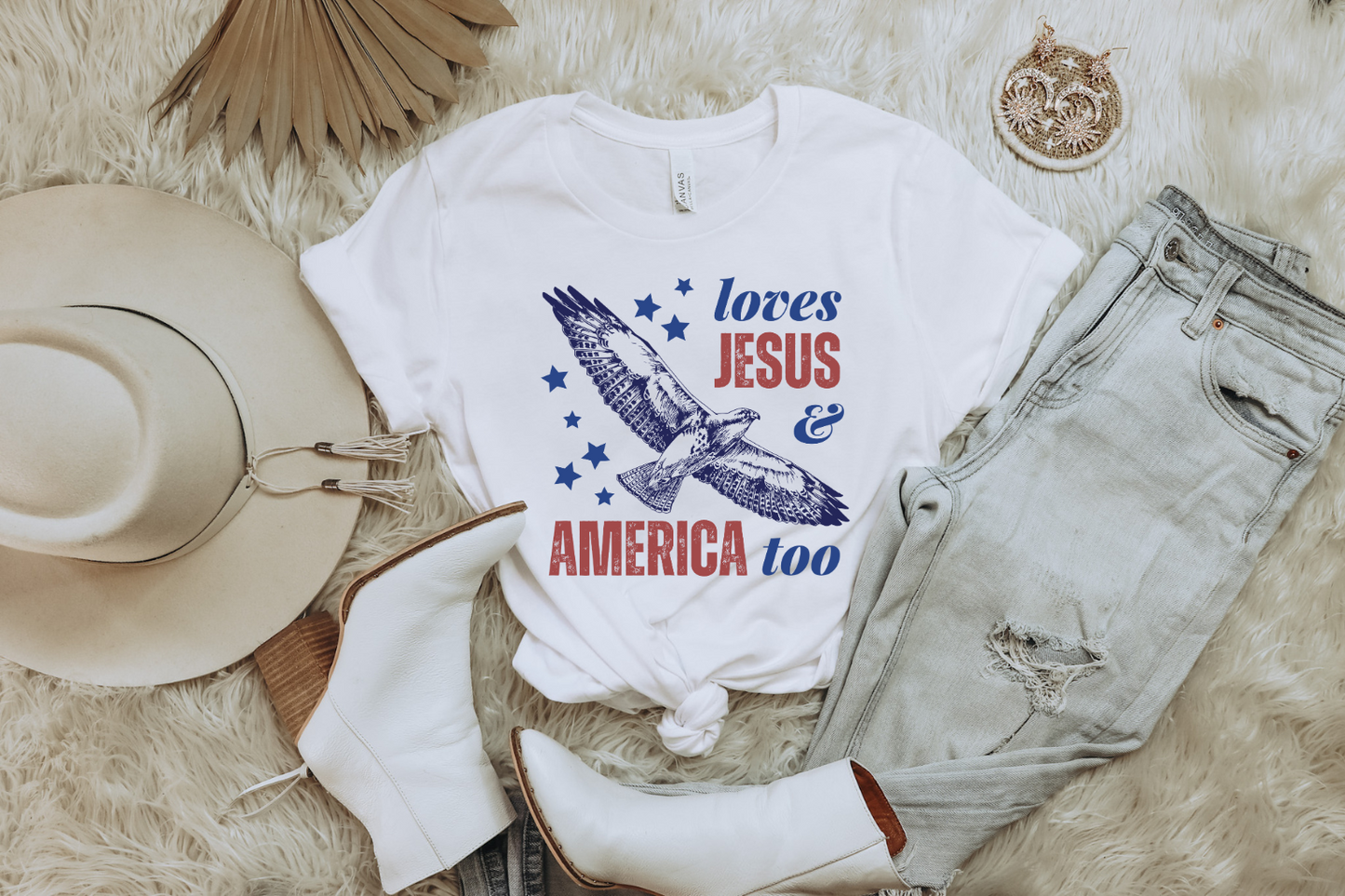 LOVES JESUS AND AMERICA TOO ADULT GRAPHIC TEE