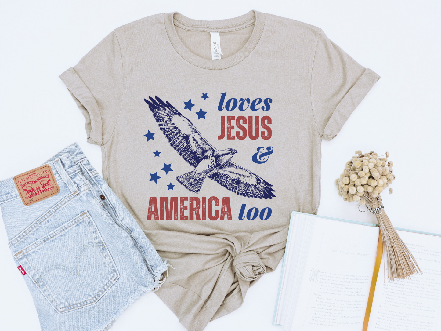 LOVES JESUS AND AMERICA TOO ADULT GRAPHIC TEE