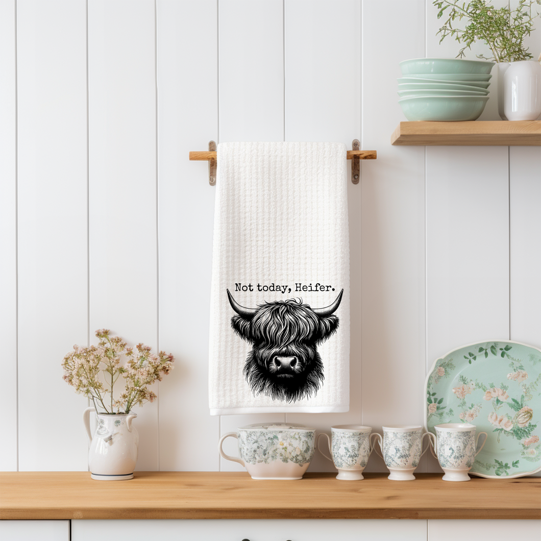 NOT TODAY, HEIFFER WAFFLE WEAVE KITCHEN TOWEL