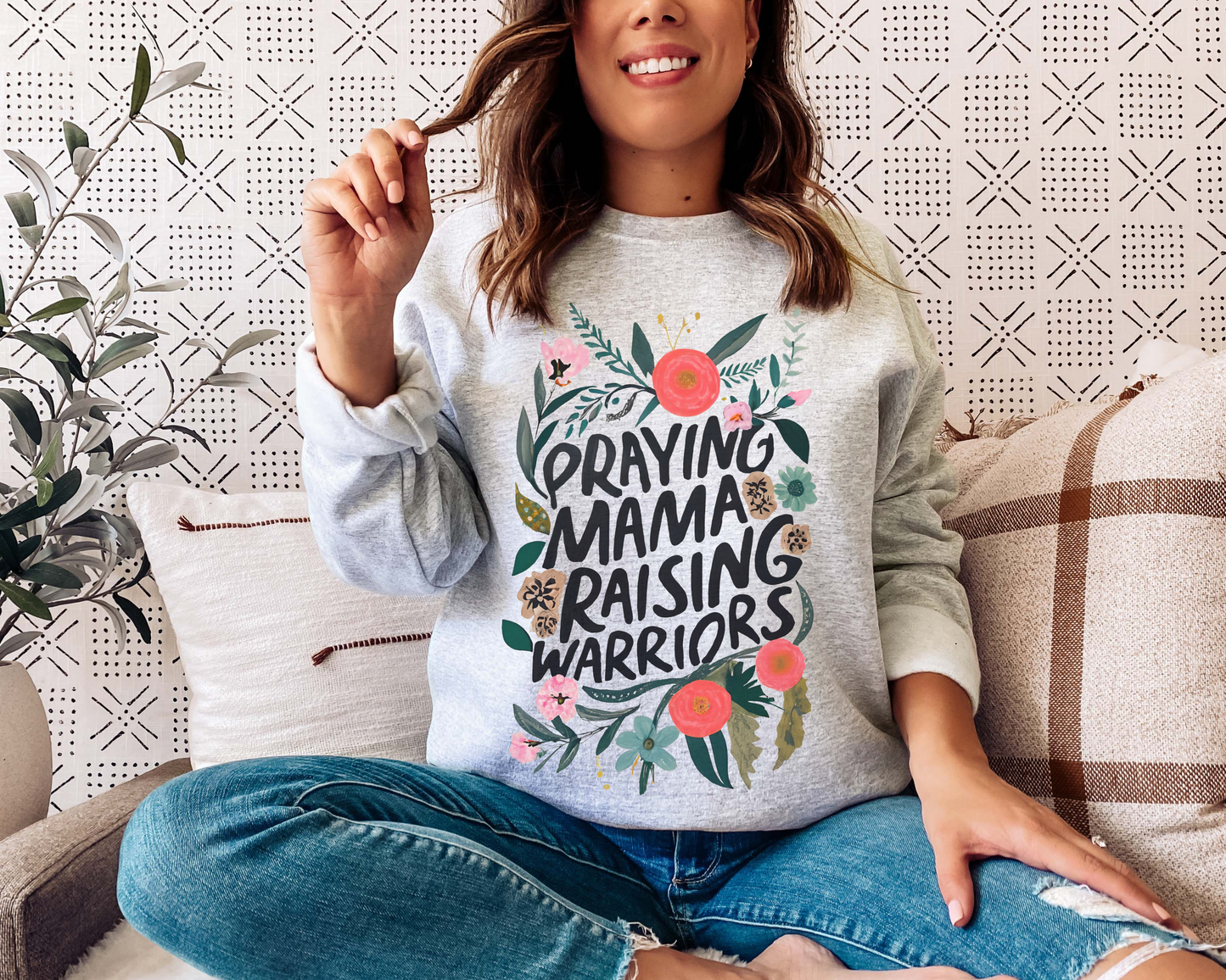 PRAYING MAMA RAISING WARRIORS CREWNECK SWEATSHIRT ADULT