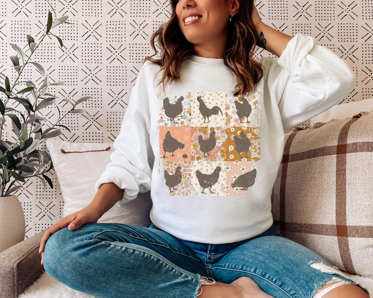 RETRO CHICKEN QUILT CREWNECK SWEATSHIRT ADULT