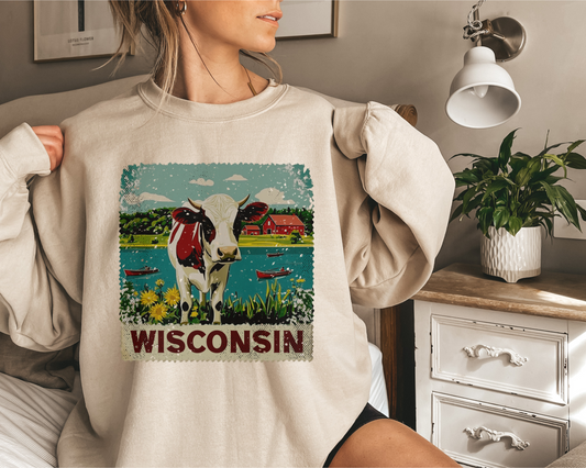 WISCONSIN COW STAMP CREW NECK SWEATSHIRT