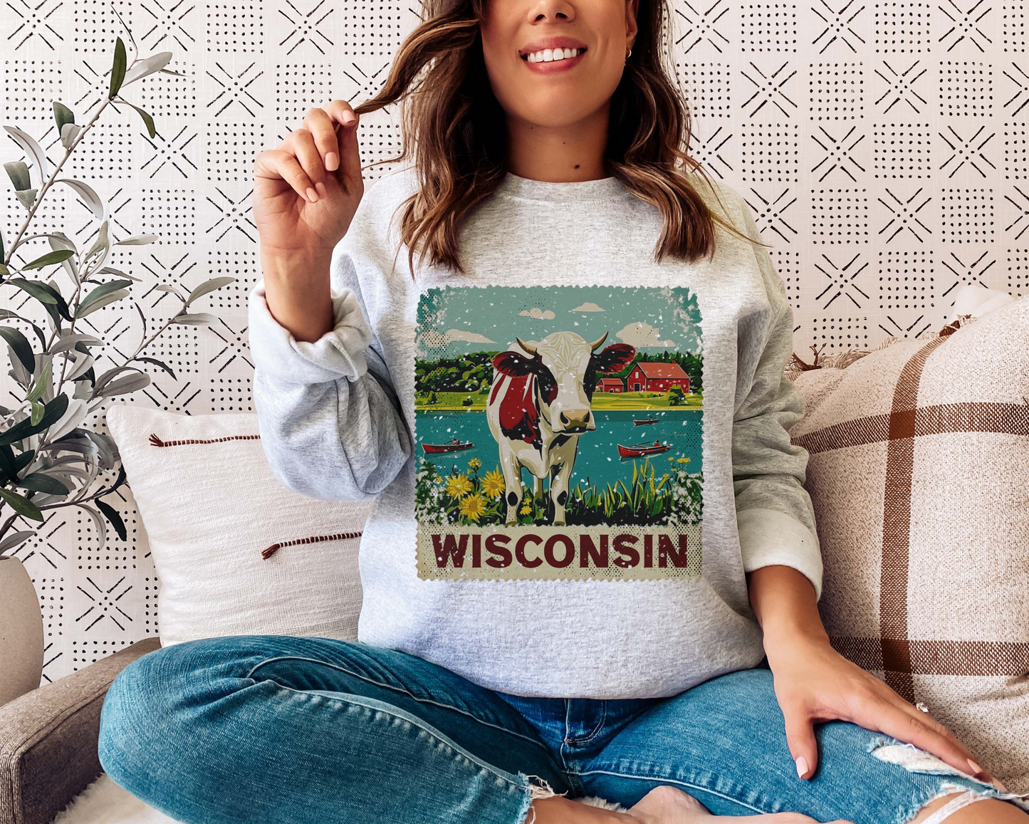 WISCONSIN COW STAMP CREW NECK SWEATSHIRT