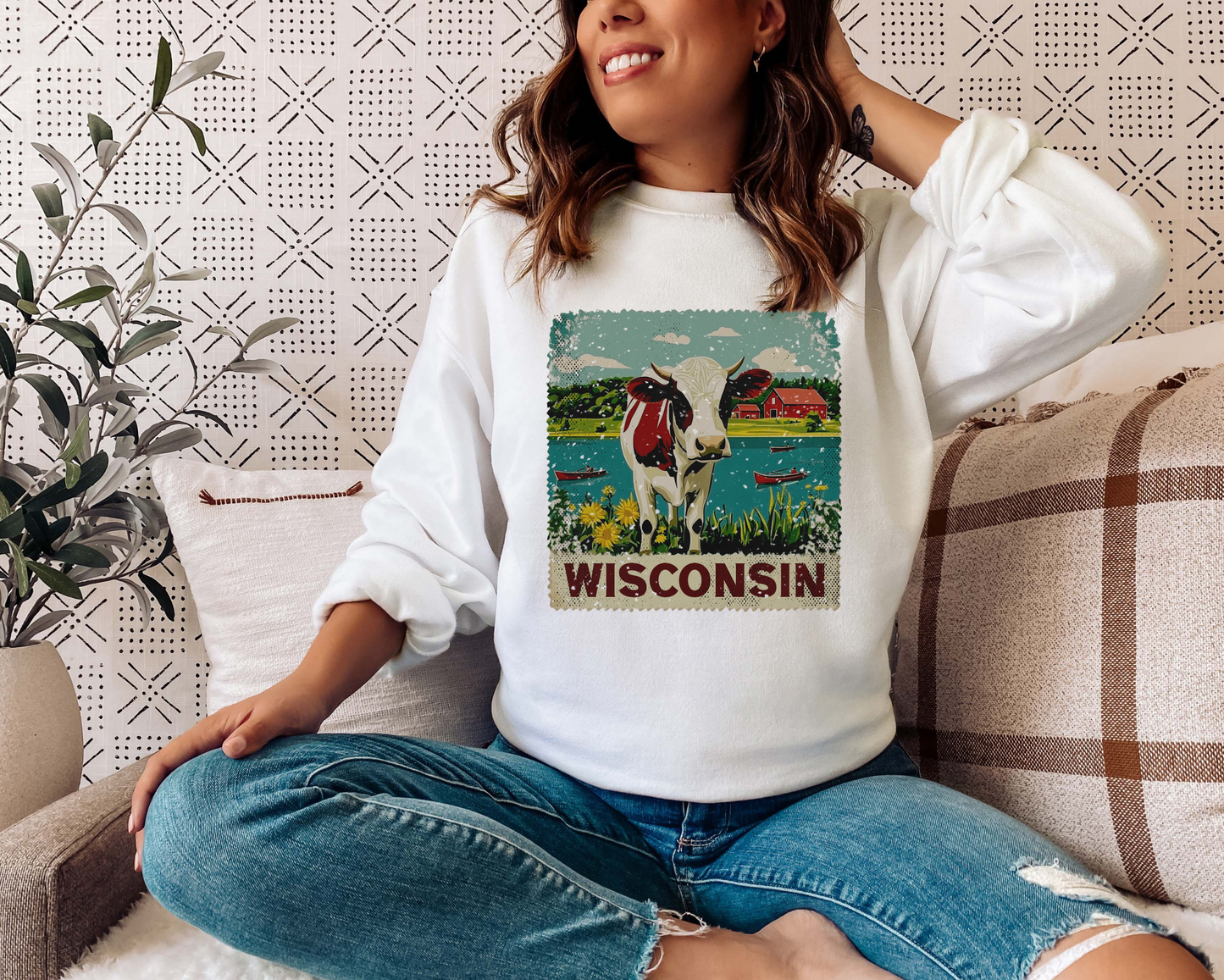 WISCONSIN COW STAMP CREW NECK SWEATSHIRT